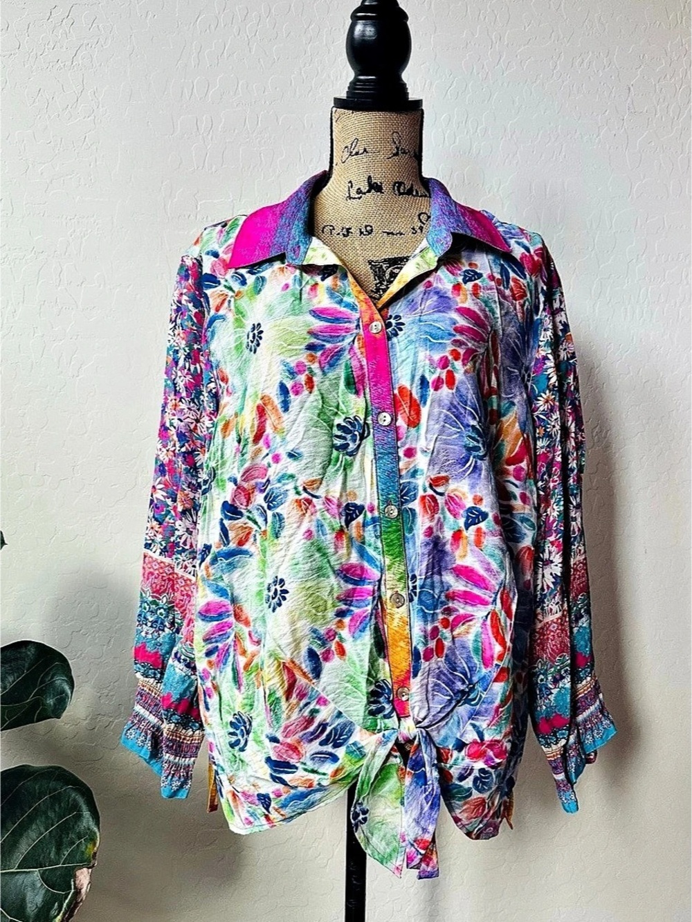 John Mark Wildflower Floral Tie-Front Blouse Multicolor Size 1X NWT
